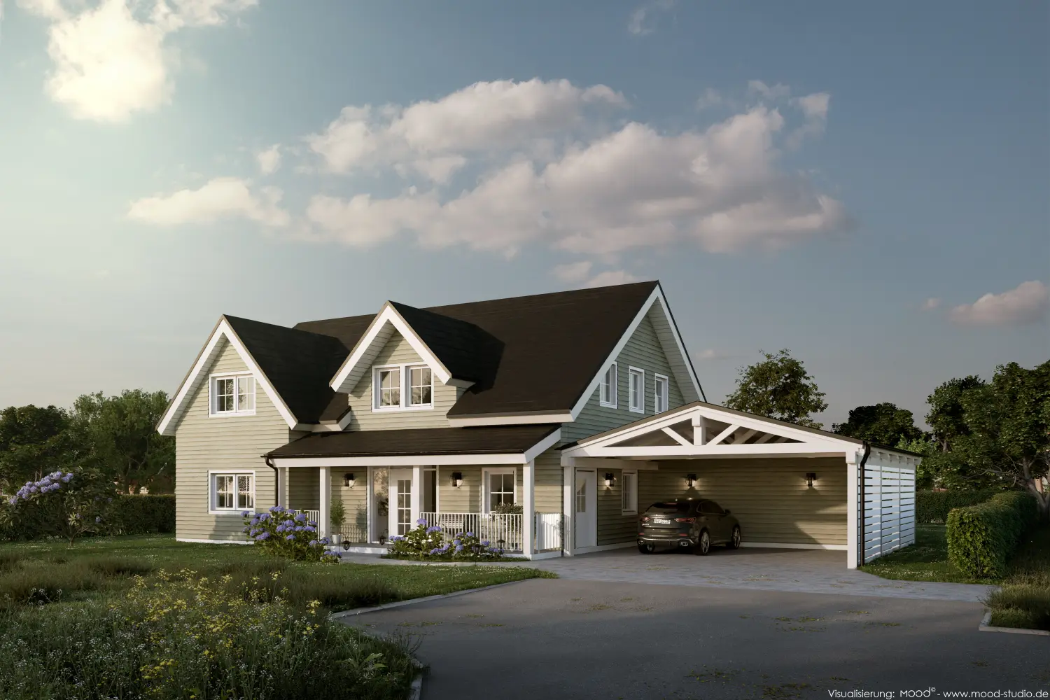 Einfamilienhaus mit Carport im New England Stil von Sandra Johnson Architektin & Innenarchitektin