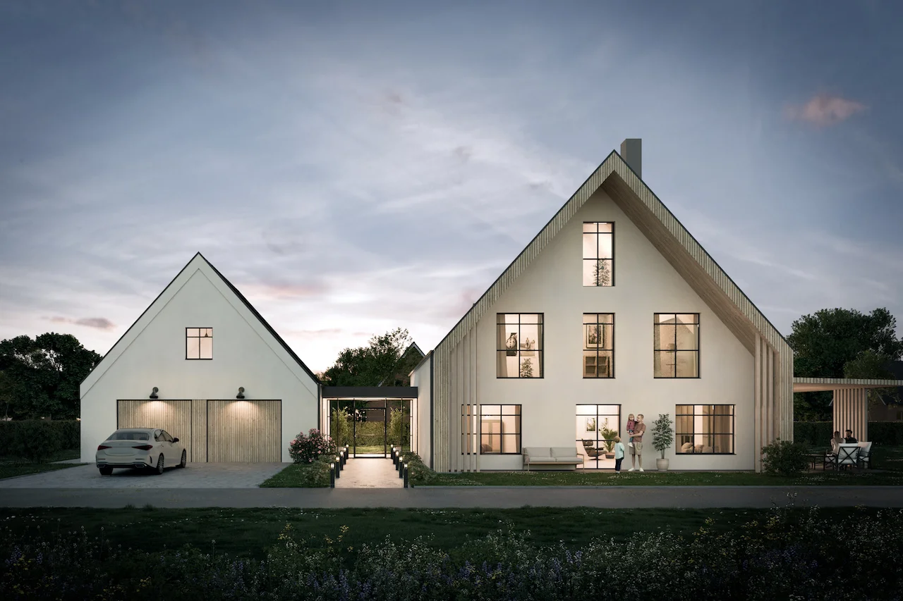 Einfamilienhaus mit Doppelgarage und Windfang, modernes Satteldach mit vorgezogenem Hauptdach von Sandra Johnson Architektin & Innenarchitektin