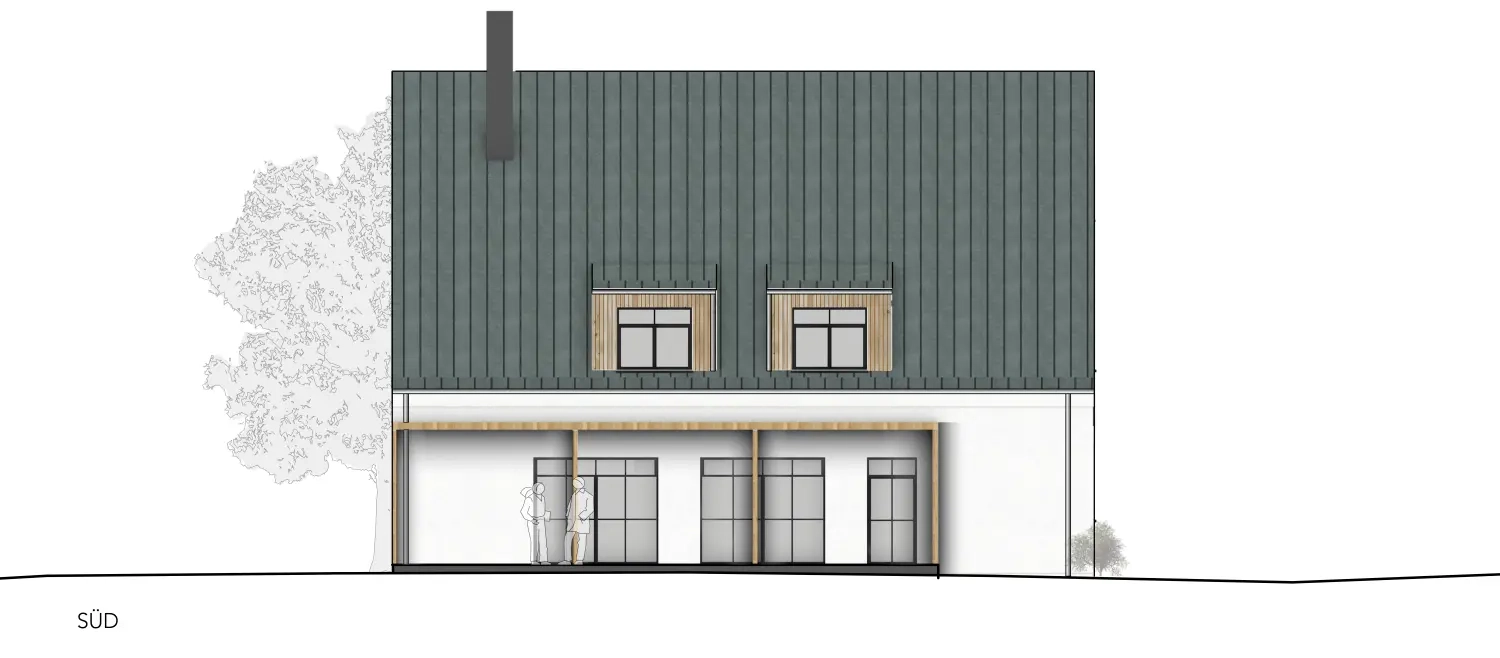 Einfamilienhaus mit Doppelgarage und Windfang, modernes Satteldach mit vorgezogenem Hauptdach von Sandra Johnson Architektin & Innenarchitektin