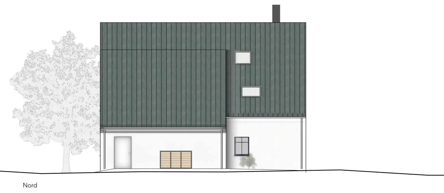 Einfamilienhaus mit Doppelgarage und Windfang, modernes Satteldach mit vorgezogenem Hauptdach von Sandra Johnson Architektin & Innenarchitektin