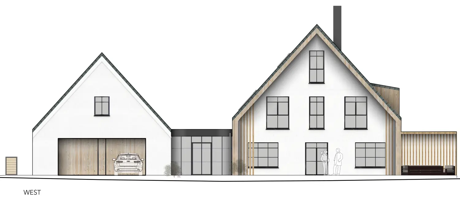 Einfamilienhaus mit Doppelgarage und Windfang, modernes Satteldach mit vorgezogenem Hauptdach von Sandra Johnson Architektin & Innenarchitektin