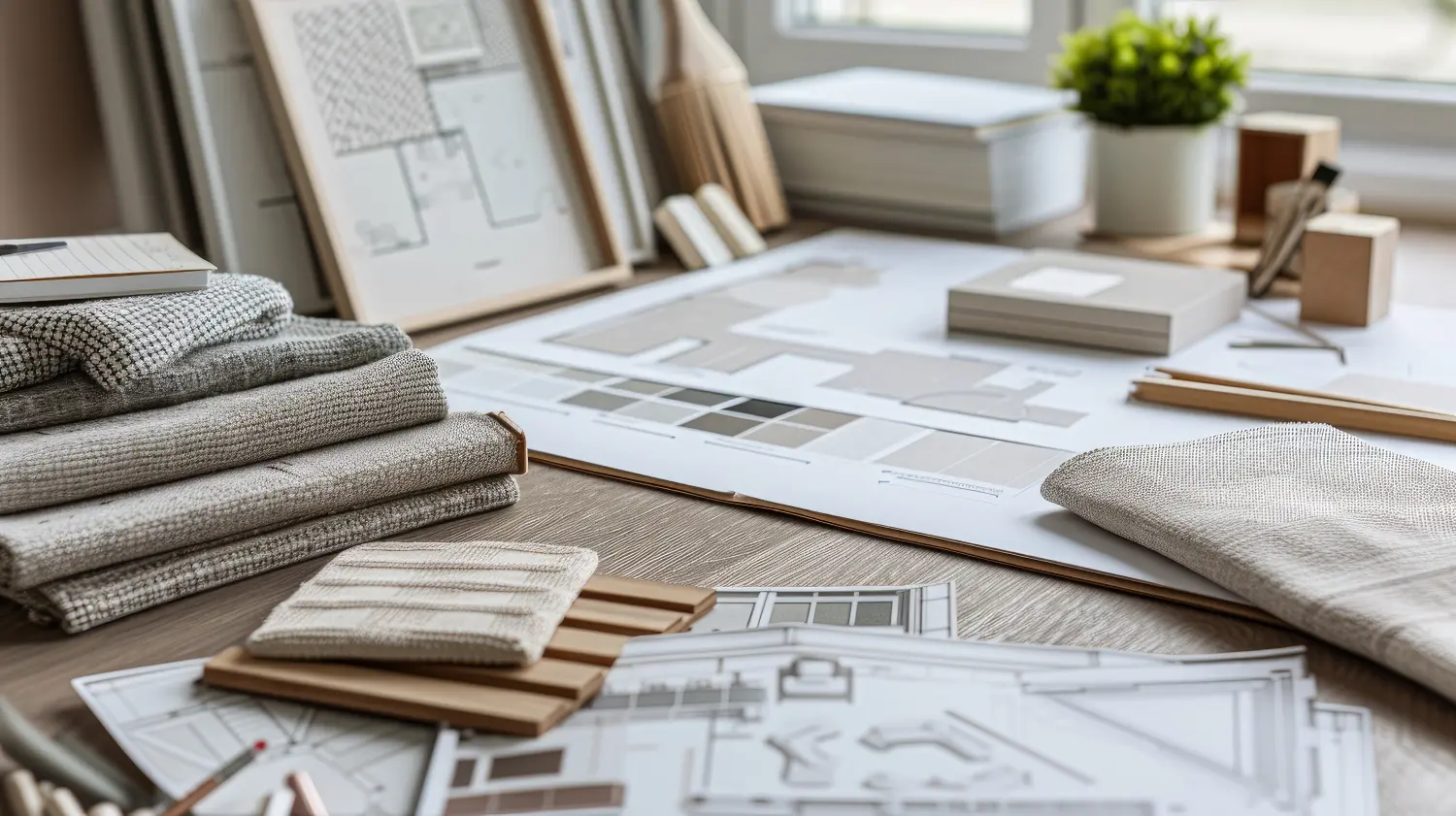 Arbeitstisch des Innenarchitekten, ein Architekturplan des Hauses