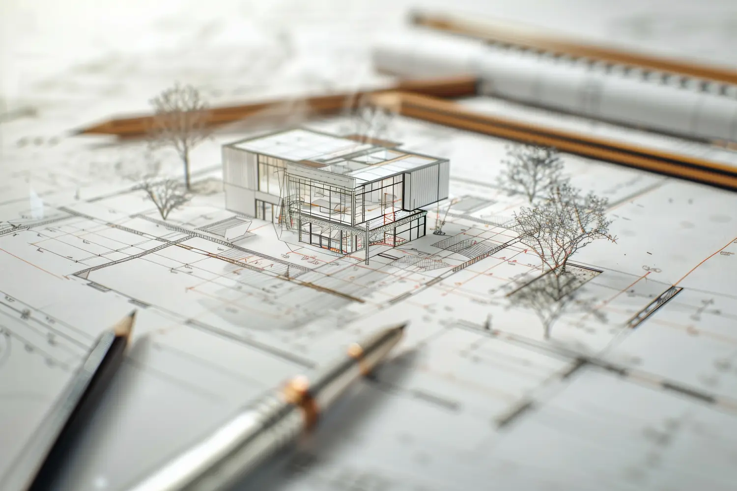 Detaillierte Zeichnung eines Hauses, das auf Bauplänen liegt